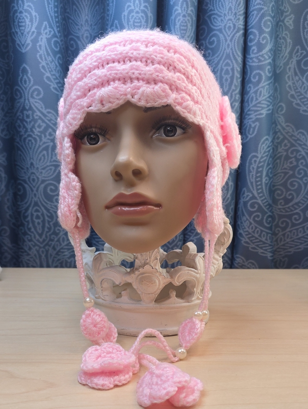 Pink Hand Crochet Earflap Beanie Hat Flower Pearl Charm Tassels Boho Winter